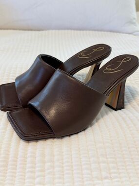 Sam Edelman Dark Brown Leather Open-Toe Block Heel Mules